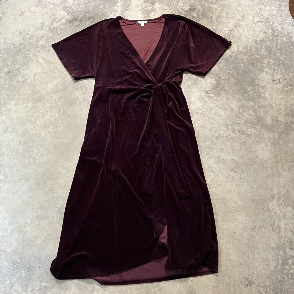 Time True Dress Womens XL 16/18 Burgundy Red Velvet Tie Waist V Neck Short Sleev